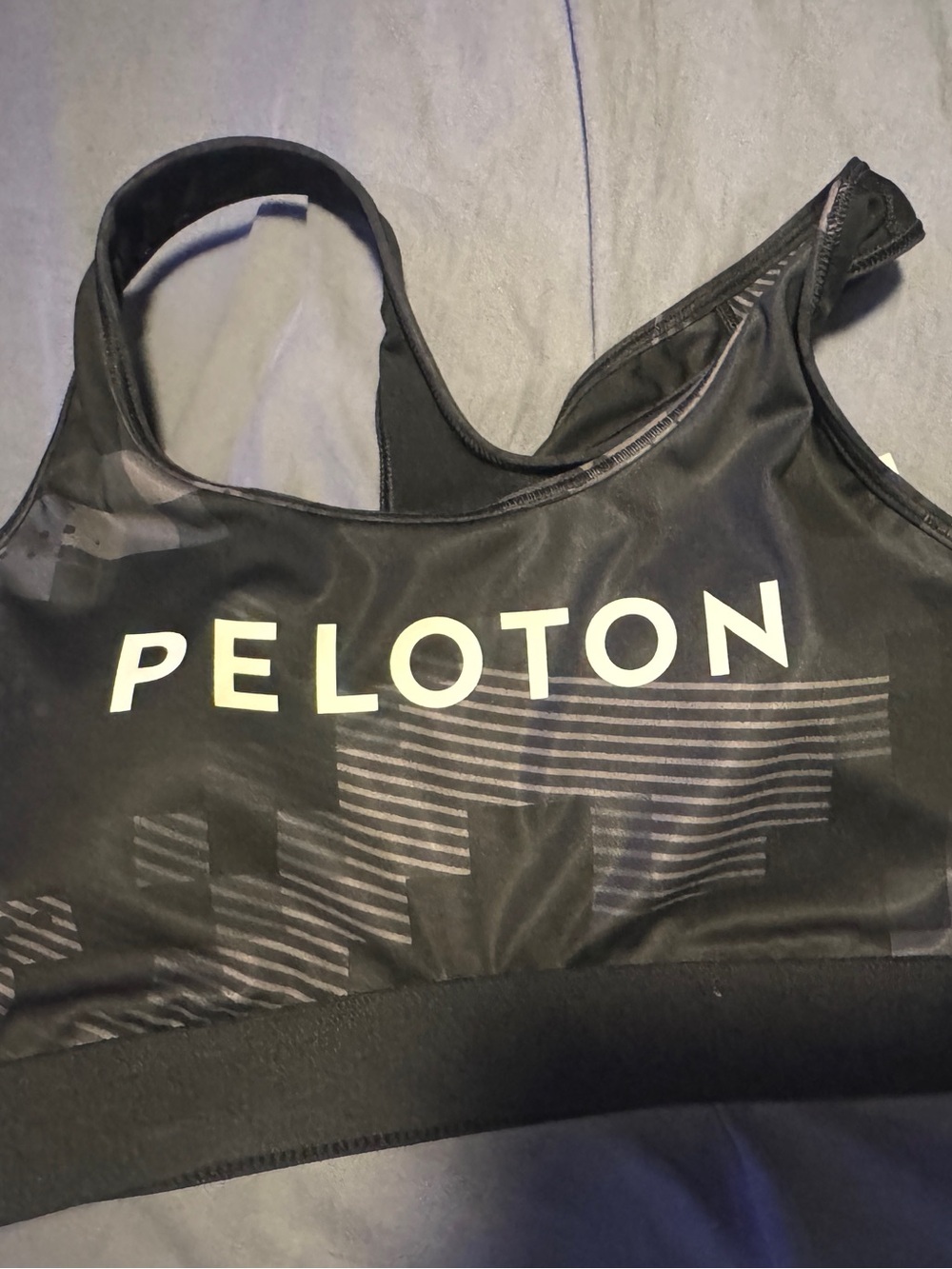 Peloton Black Logo Sports Bra with Subtle Stripe Print
